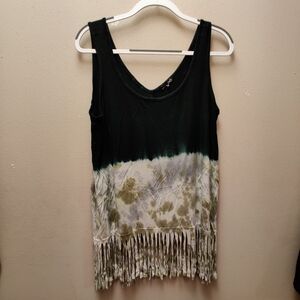 Tie-Dye Fringe Tank Top -   Green And  Cream